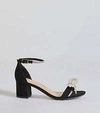 Dazzling Rhinestone Faux Pearl Bow Block Heels