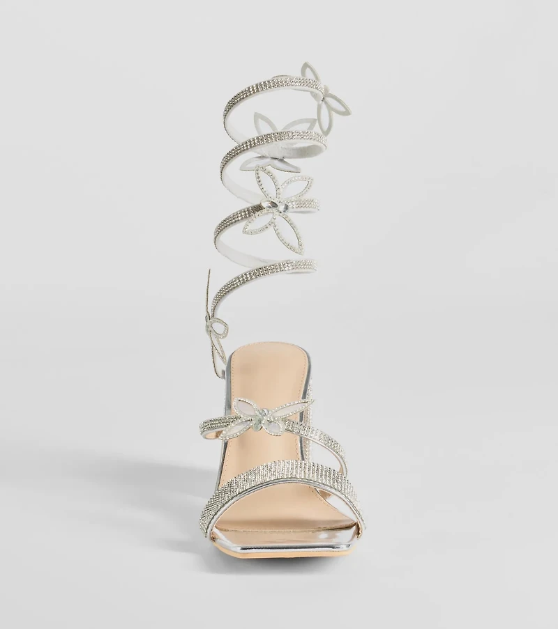Glitzy Rhinestone Butterfly Spiral Strap Block Heels
