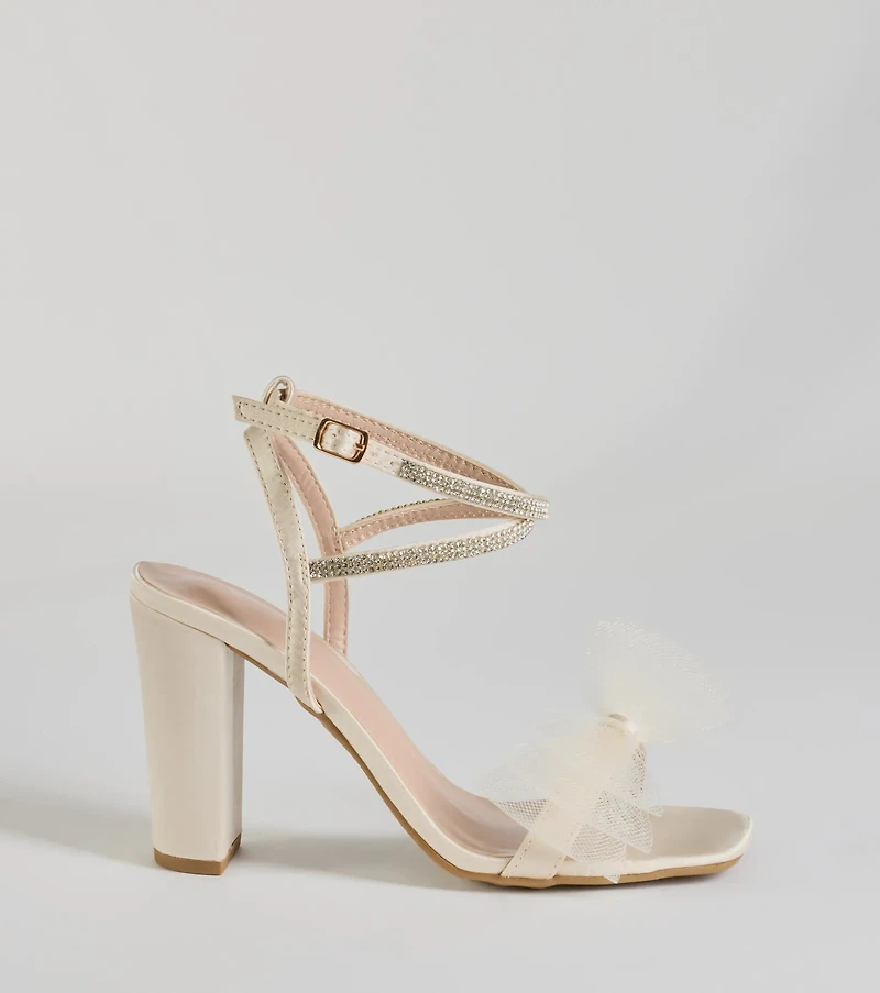 So Lovely Bow Rhinestone Satin Block Heels
