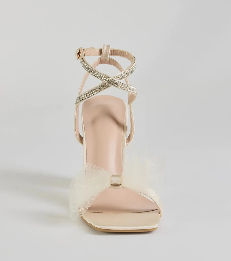 So Lovely Bow Rhinestone Satin Block Heels