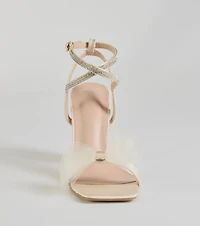 So Lovely Bow Rhinestone Satin Block Heels