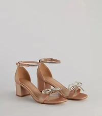 Dazzling Rhinestone Faux Pearl Bow Block Heels