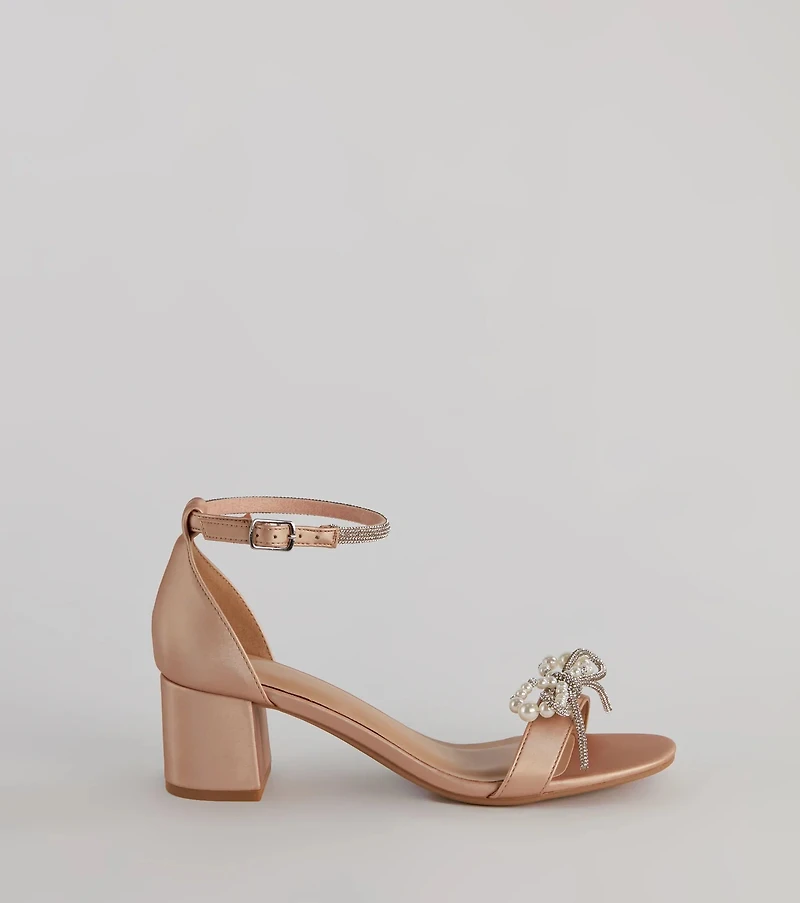 Dazzling Rhinestone Faux Pearl Bow Block Heels