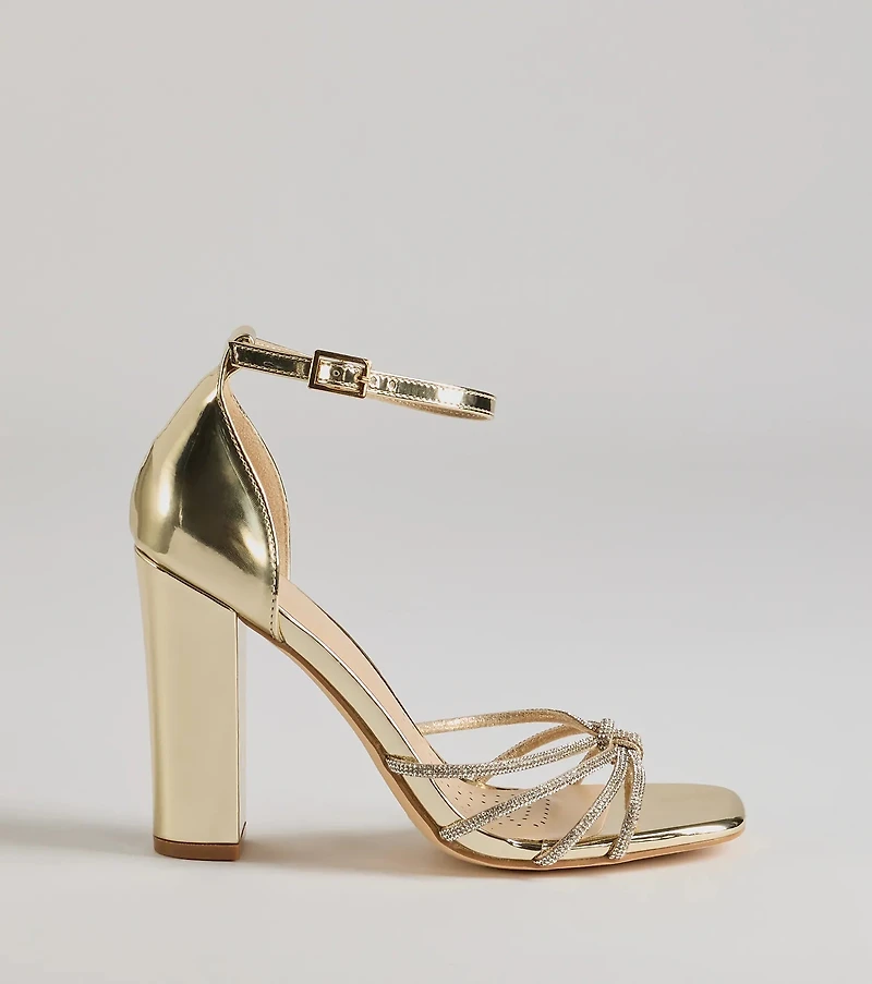 Sparkle Scene Rhinestone Strappy Faux Leather Block Heels