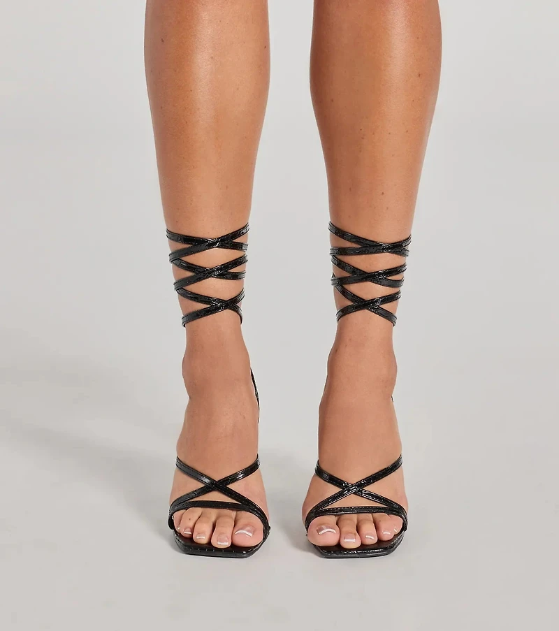 So Sleek Faux Croc Embossed Lace-Up Block Heels