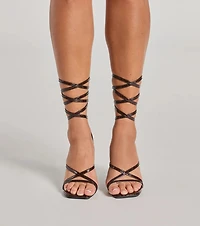 So Sleek Faux Croc Embossed Lace-Up Block Heels