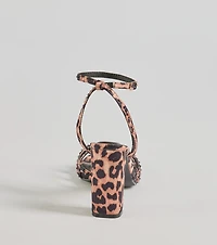 Sassy Rhinestone Strappy Leopard Print Block Heels