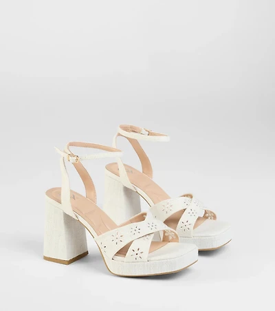 Resort Ready Eyelet Linen Platform Block Heels