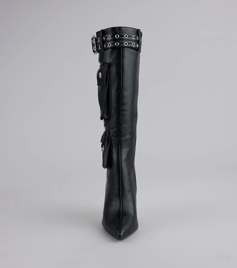 Hot on the Heist Buckled Pocket Stiletto Boots