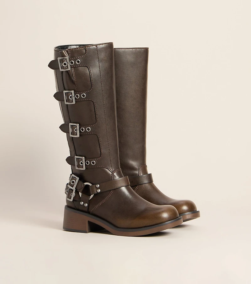 Fast Lane Buckled Moto Knee High Boots