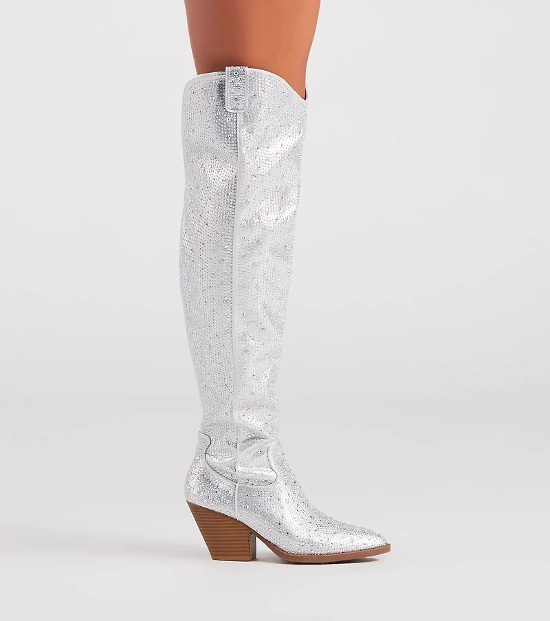 Fearlessly-Chic Rhinestone Thigh-High Cowboy Boots