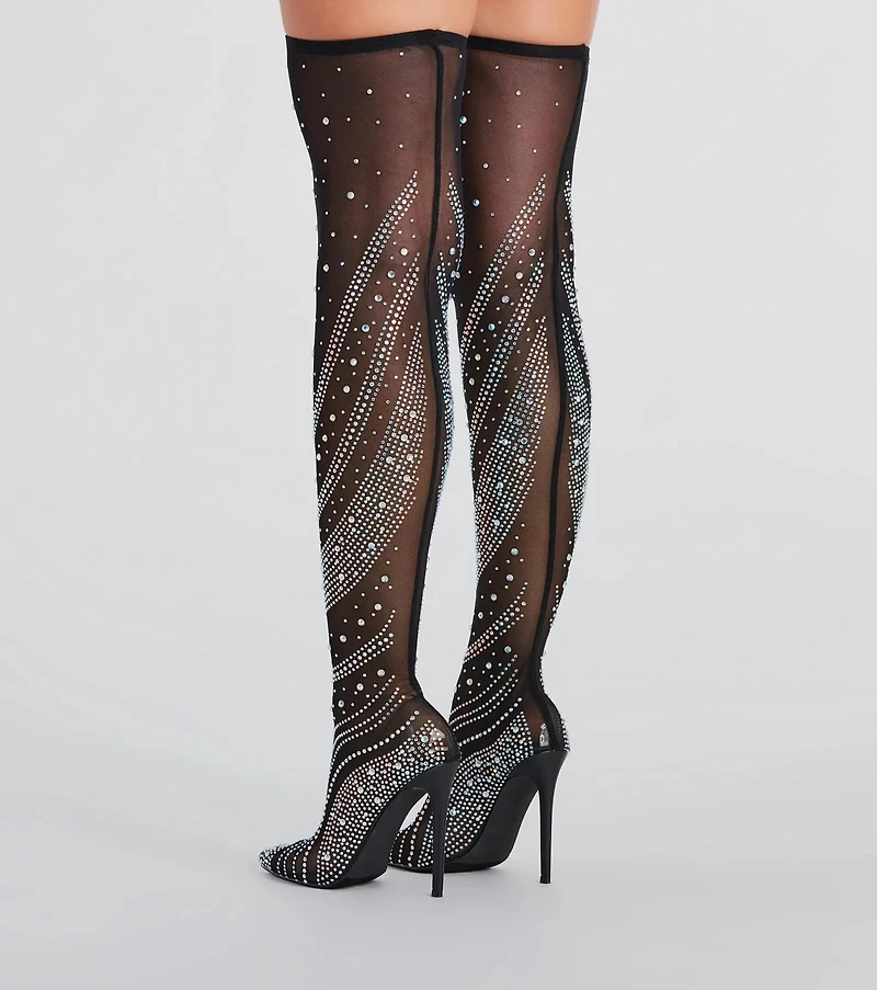 Unforgettable Slay Rhinestone Mesh Thigh-High Boots