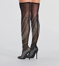 Unforgettable Slay Rhinestone Mesh Thigh-High Boots