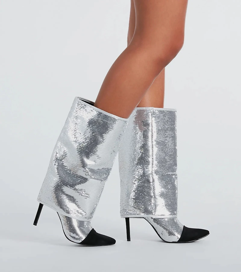 Girl's Night Sequin Fold-Over Stiletto Boots