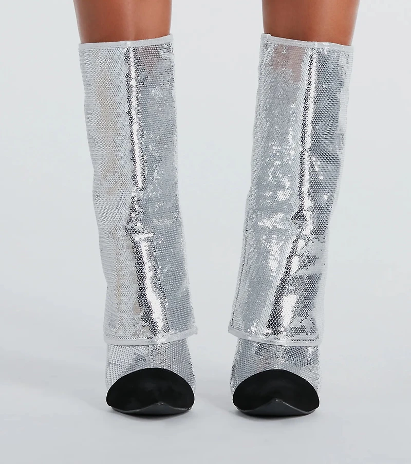 Girl's Night Sequin Fold-Over Stiletto Boots