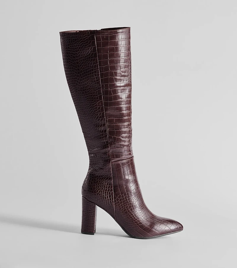 Chic Moment Faux Leather Croc-Embossed Under the Knee Boots