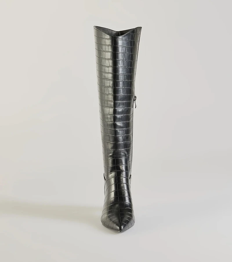 Bold Statement Faux Leather Croc-Embossed Under the Knee Boots