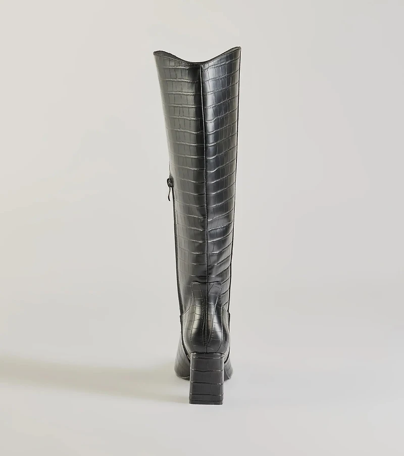 Bold Statement Faux Leather Croc-Embossed Under the Knee Boots