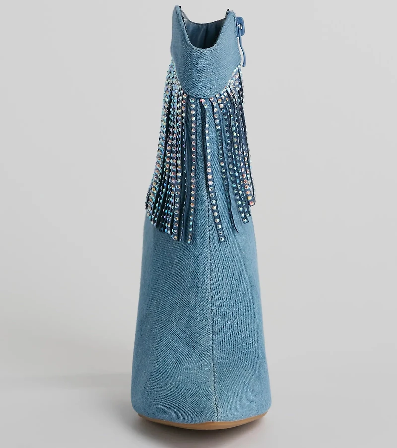 Glam Digs Rhinestone Fringe Western Denim Booties