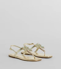 Beachy Glam Rhinestone Palm Tree Metallic Sandals