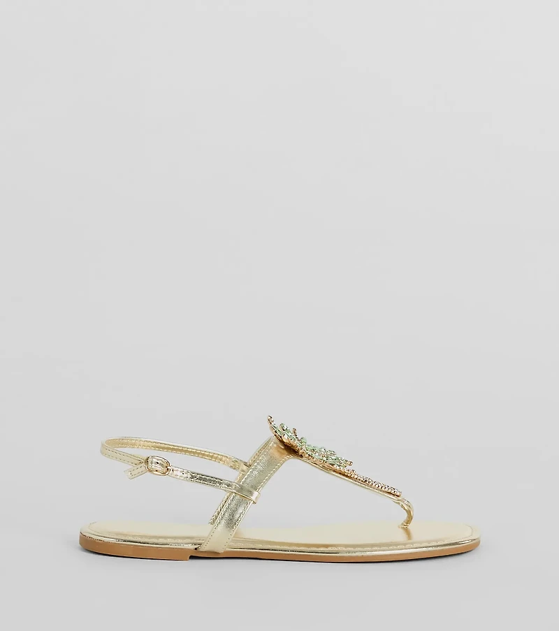 Beachy Glam Rhinestone Palm Tree Metallic Sandals