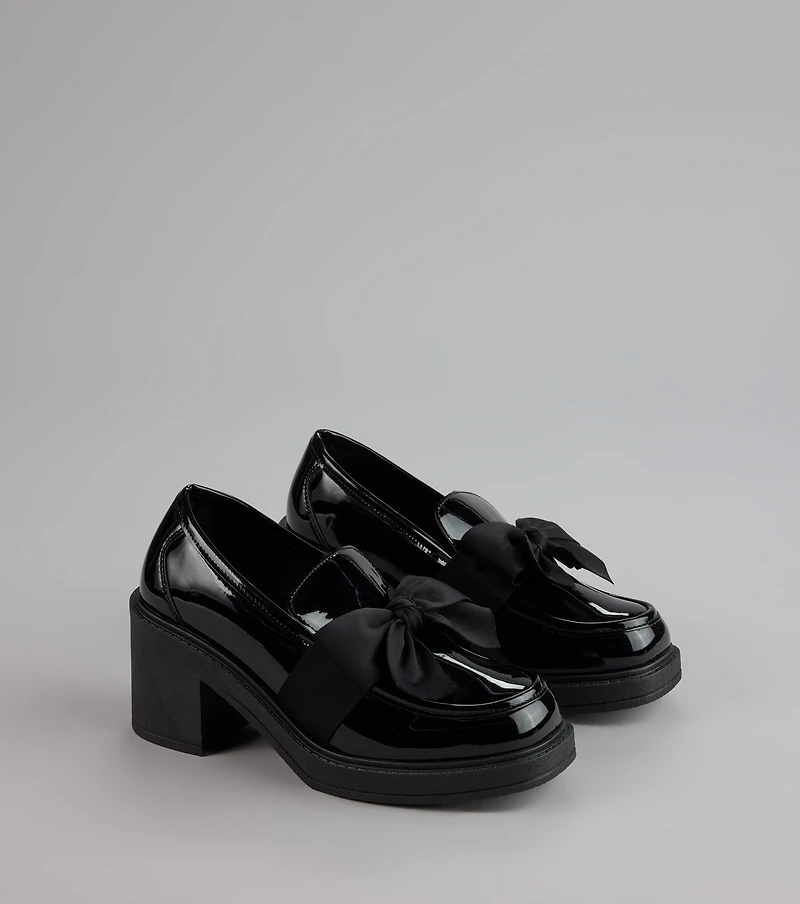 Gloss And Bow Block Heel Loafers