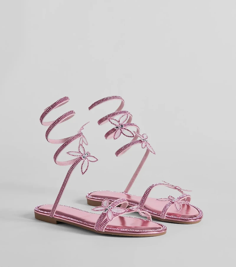 Perfectly Glam Rhinestone Butterfly Spiral Strap Sandals