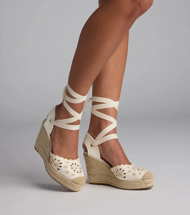 Walk The Park Eyelet Lace-Up Espadrille Wedges
