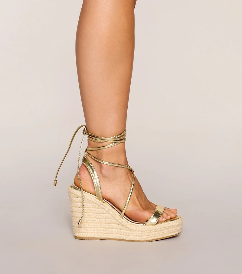 Vacay Glow Metallic Lace-Up Espadrille Wedges