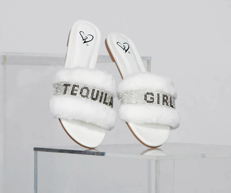 Rhinestone Tequila Girl Fluffy Slide Sandals