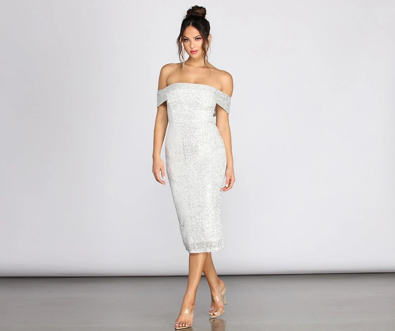 Desi Sequin Off Shoulder Midi Dress