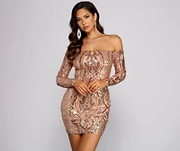 Halston Sequin Mesh Off The Shoulder Mini Dress