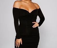 Penelope Off-The-Shoulder Ruched Midi Dress