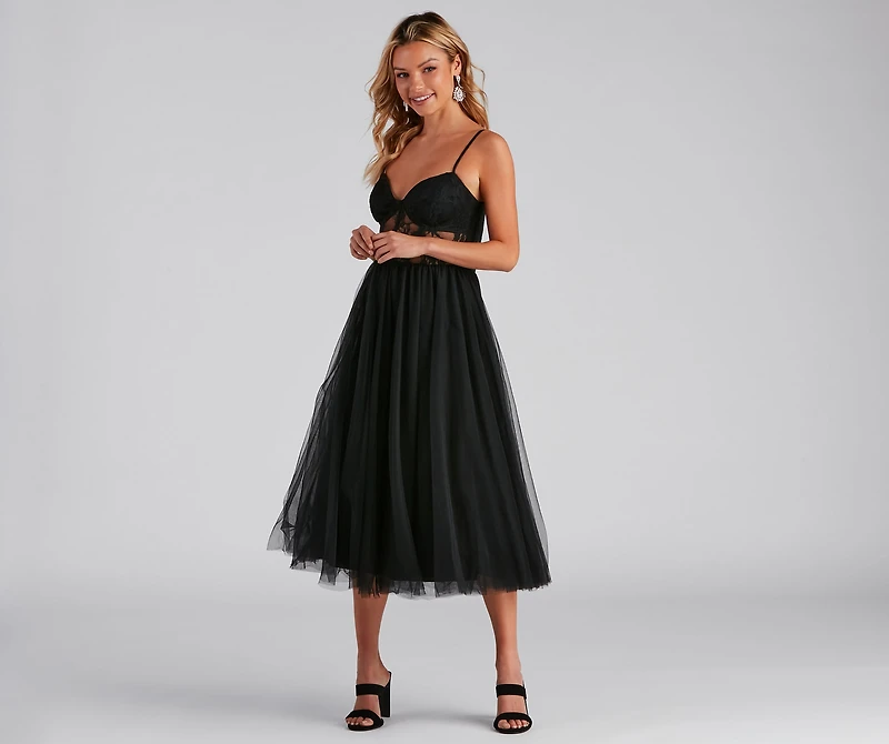 Vanae Formal Lace Illusion Midi A-Line Dress