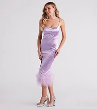 Sofia Formal Satin Feather Midi Dress
