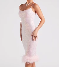Lucinda Formal Sequin Feather Midi Dress