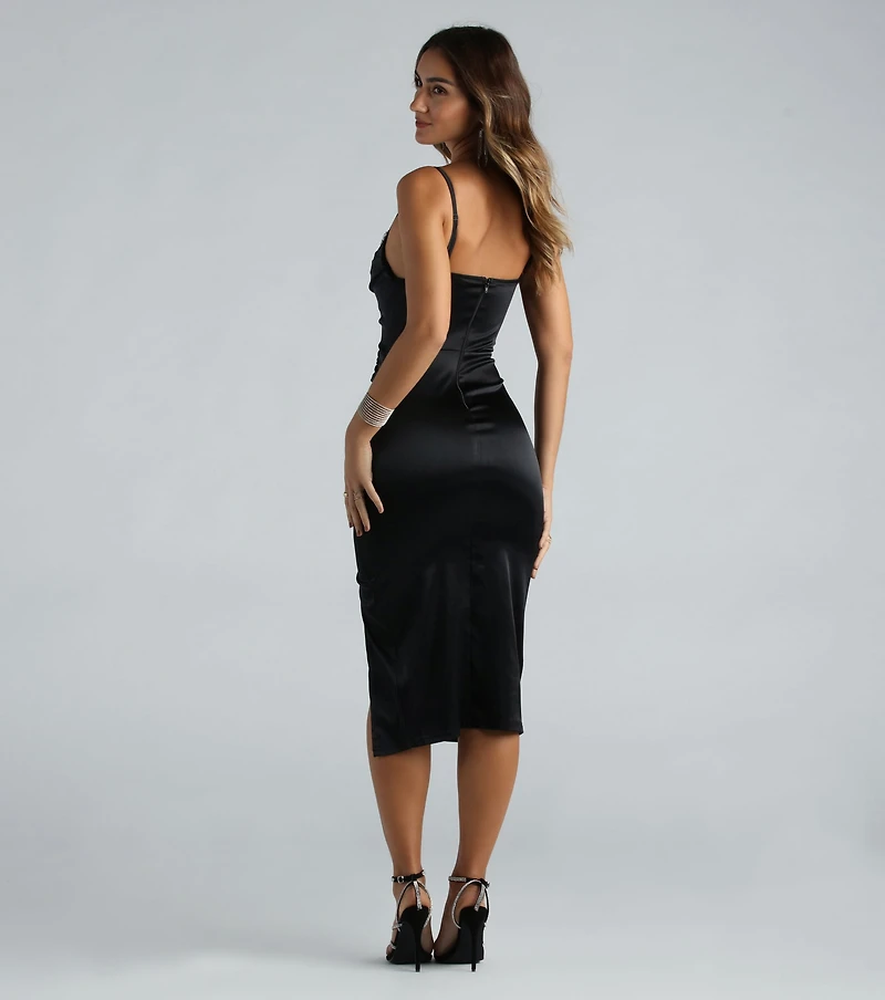 Emma Rhinestone Trim Satin Formal Midi Dress