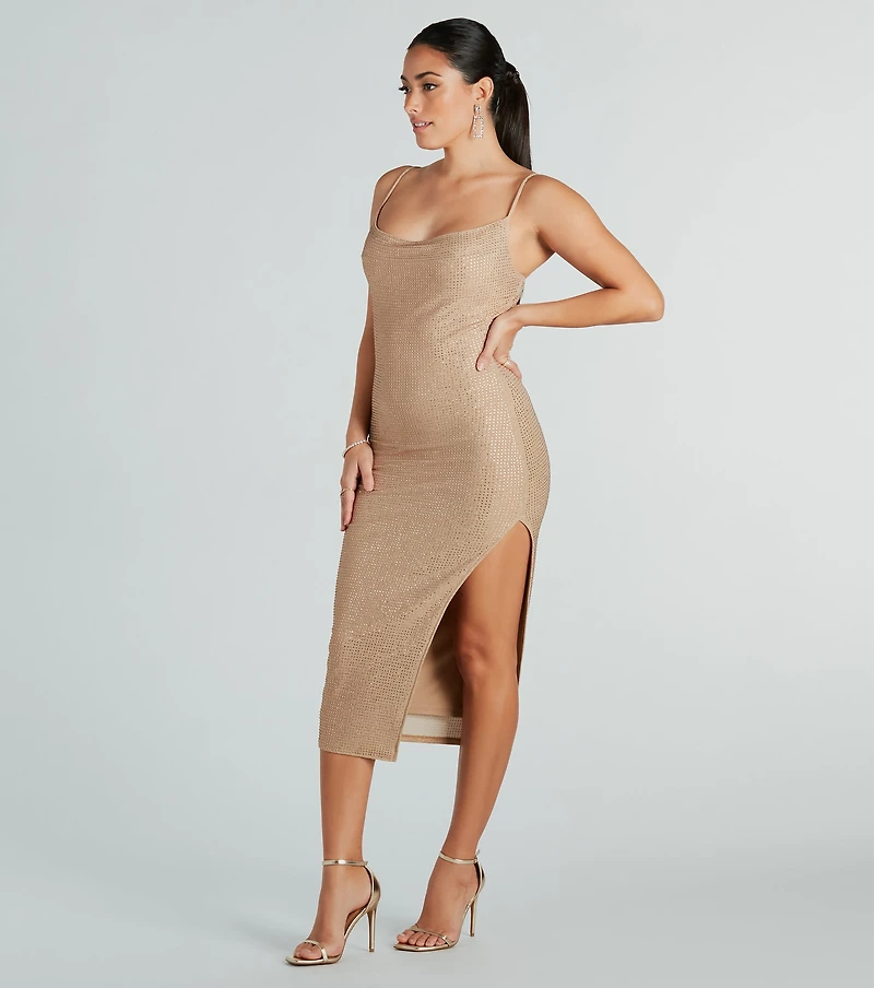 Lilianna Formal Rhinestone High Slit Midi Dress