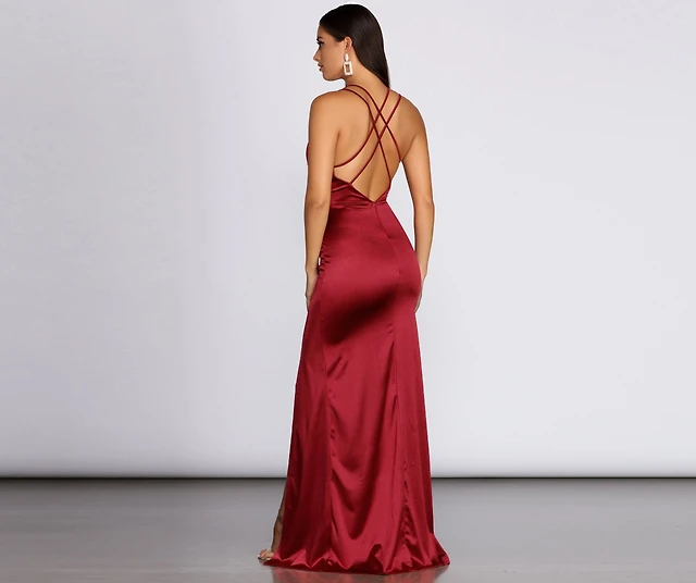 chelsea satin high slit formal dress Windsor Corset