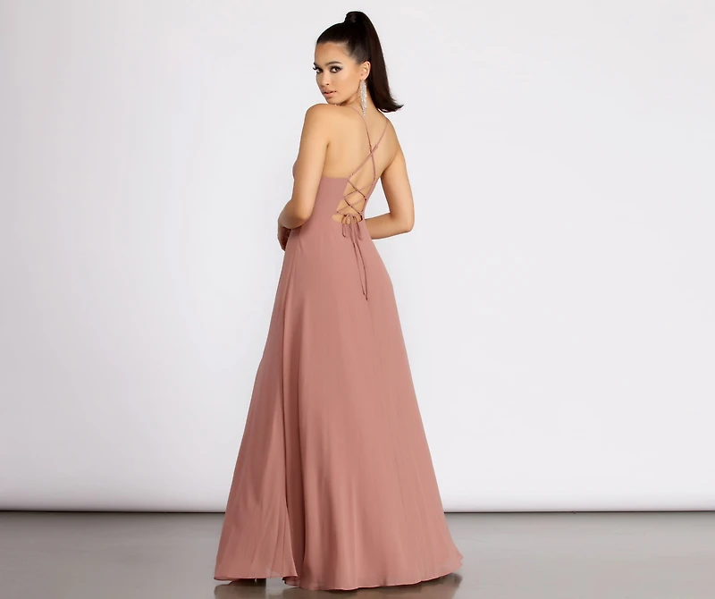 Kai Chiffon Lace Up Back A-Line Dress