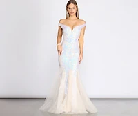 Andrina Iridescent Sequin & Tulle Off Shoulder Mermaid Dress