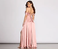 Cassia Lace-Up Back Off Shoulder Satin Dress