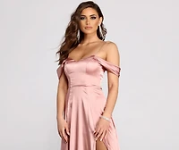 Cassia Lace-Up Back Off Shoulder Satin Dress