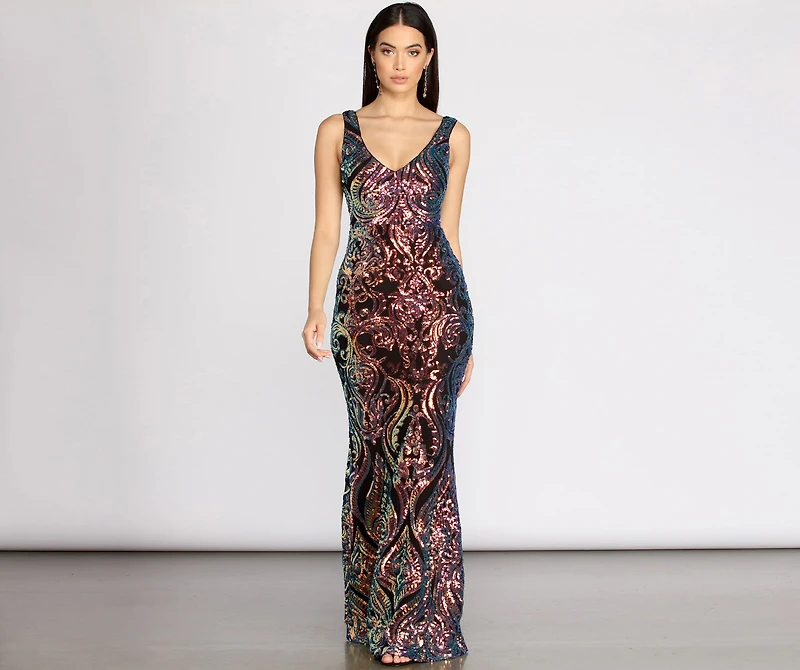 Heloise Scroll Sequin Mermaid Dress