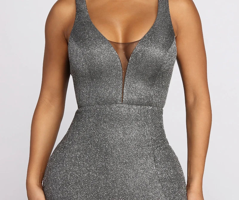Venetia Glitter High Slit Deep V Dress
