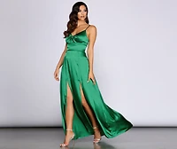Anjolie Knot Front Satin Slit Dress