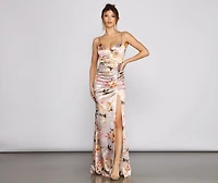 Taylor Satin Floral High-Slit Dress