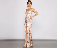 Taylor Satin Floral High-Slit Dress