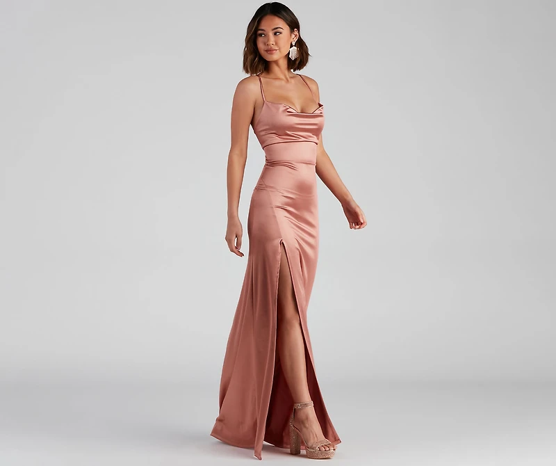 Cassie Sleeveless Satin High Slit Formal Dress