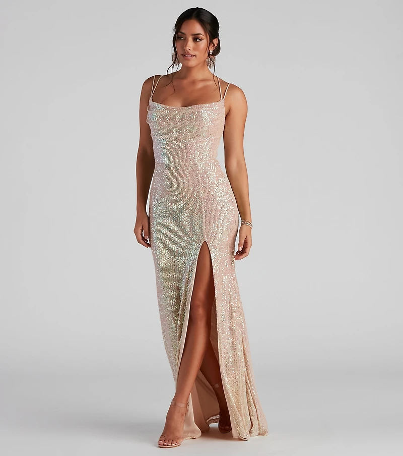 Debra Formal Sequin Cowl Neck Dress